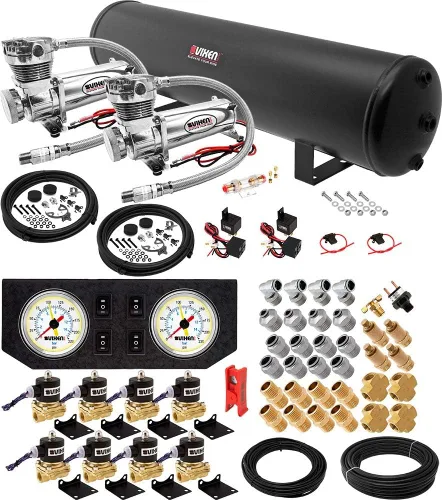 Vixen Air Kit de suspensión para camión, bolsa de coche, paseo aéreo/resorte. Sistema a bordo - Compresor dual de 200 psi, tanque de 5 galones. Para