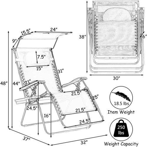 Miniatura 3 de HAPPYGRILL Zero Gravity - Sillón reclinable plegable para patio al aire libre, playa, patio, piscina, gris