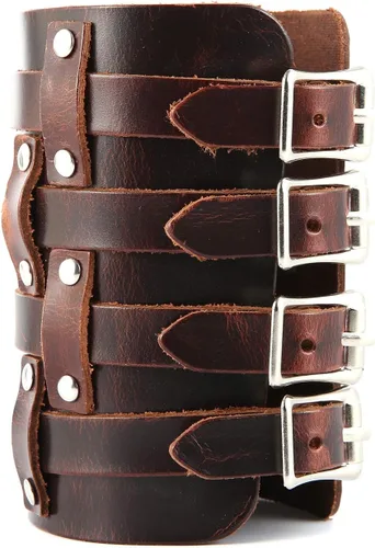 Miniatura 11 de HZMAN Brazalete ancho de cuero para hombre con correa triple y hebilla de cierre de armadura para brazo, 4 filas