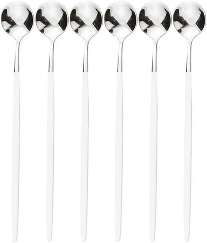 Cubertería de acero inoxidable 304 de mango largo blanco y plateado Cucharas de té para helado Cucharas de mezcla Vajilla Vajilla Servicio de cocina