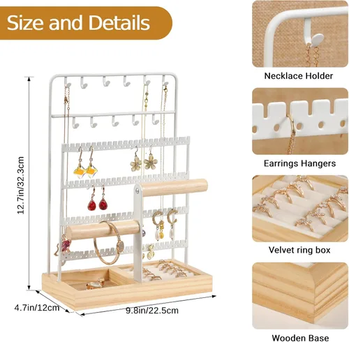 Miniatura 2 de JAZUIHA Organizador de joyas con organizador de aretes, collar y pulsera, colgador de 3 niveles para exhibición de joyas y almacenamiento de aretes