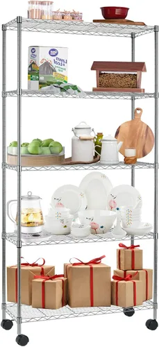 Estantes de almacenamiento de 5 niveles resistentes (capacidad de 750 libras) para almacenamiento de cocina, garaje, estantería industrial de Cromado