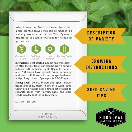 Miniatura 2 de Survival Garden Seeds - Semilla de Albahaca Sagrada para plantar - 1 paquete con instrucciones para plantar y cultivar la hierba sagrada india Tulsi