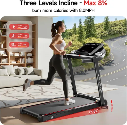 Miniatura 10 de RHYTHM FUN 8.0 MPH Treadmills for Home, Running Walking Pad Treadmill with Incline up to 8%, Foldable Treadmill with Handle Bar, Low Noise Walking