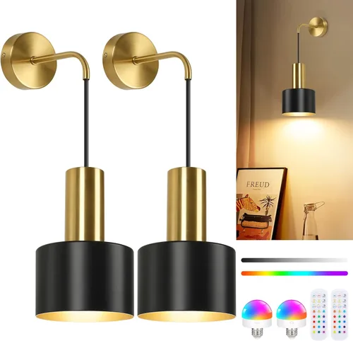 Miniatura 8 de VerRon Juego de 2 apliques de pared a pilas, luces de pared inalámbricas con control remoto, lámparas de pared regulables negras y doradas con Negro