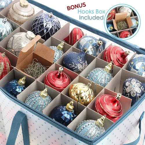 Miniatura 7 de Caja grande de almacenamiento para adornos navideños con divisores ajustables - Contenedor de almacenamiento de adornos de plástico para 128 adornos