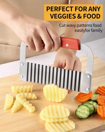 Miniatura 3 de Cortador Ondulado de Acero Inoxidable Rebanador de Papas Resistente Herramientas de Corte Ondulado con Mango de Madera para Zanahorias y Verduras