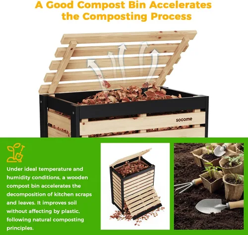 Miniatura 6 de Cubo de Compostaje de 95 Galones de Madera Sólida, Cubo de Compostaje para Exteriores con Puerta Deslizante, Cubo de Compostaje Grande para el Patio