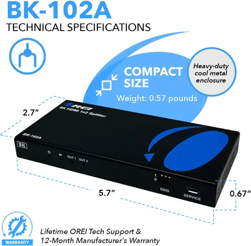 Miniatura 5 de OREI Divisor HDMI 8K 1 x 2, duplicado con extractor de audio UltraHD soporta hasta 4K @ 120Hz IR EDID HDCP 2.3 - (BK-102A) (1x2 - Salida de audio)