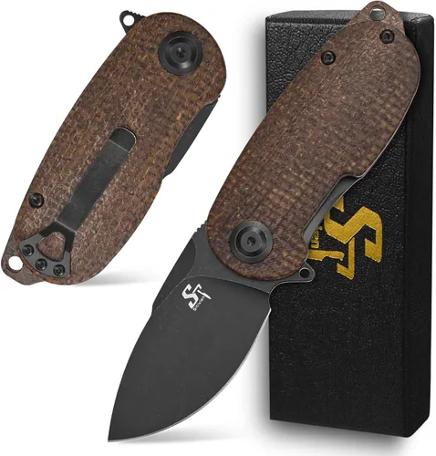 Sitivien Cuchillo plegable de bolsillo ST150, Sandvik 14C28N, hoja negra lavada a la piedra con asas de micarta, cuchillos de herramienta EDC para