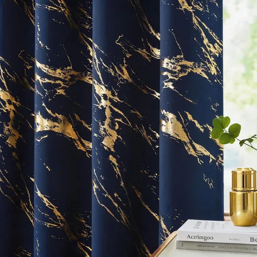 Miniatura 25 de WUBODTI Cortinas 100% Opacas de Mármol Beige de 63 Pulgadas de Largo 2 Paneles, Cortina Corta con Ojales de Impresión de Lámina Dorada Moderna