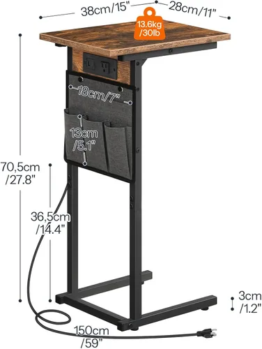 Miniatura 2 de HOOBRO Mesa auxiliar en forma de C con estación de carga, mesa deslizante debajo del sofá, mesa auxiliar de 27.8 pulgadas de alto para brazo de sofá