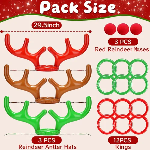 Miniatura 2 de Juego de 18 piezas de 3 anillos inflables de cornamenta de reno para lanzar juegos de fiesta de Navidad, juguetes familiares para niños, relleno
