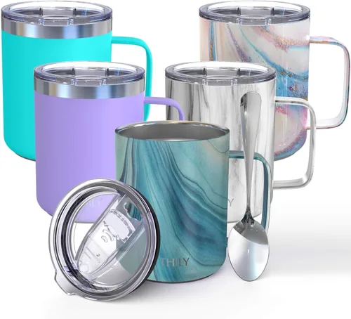 Miniatura 9 de THILY Taza de café aislada de acero inoxidable de 12 onzas, taza de viaje con triple aislamiento con asa y tapa a prueba de derrames, mantiene