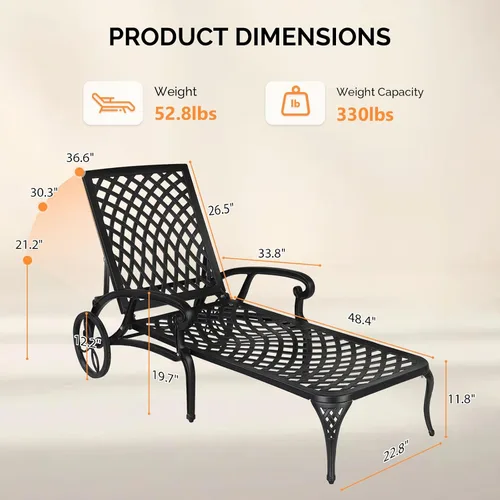 Miniatura 3 de VINGLI Tumbona de aluminio fundido para exteriores con ruedas, tumbona de patio con respaldo ajustable de 3 posiciones, silla reclinable