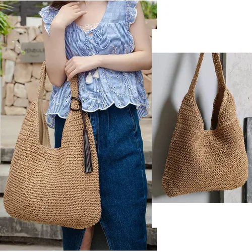 Miniatura 3 de JBRUN Bolso de hombro de paja para mujer, bolso tejido hecho a mano, bolso de playa de verano, asa de cuero, bolsa de cubo grande