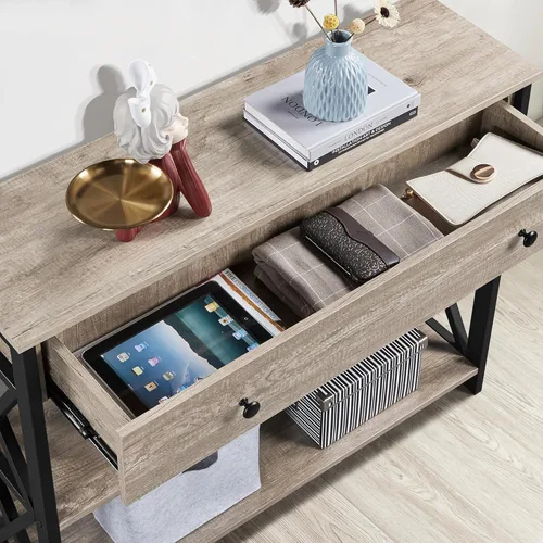 Miniatura 5 de Yaheetech Mesa consola con tomas de corriente y puertos USB, mesa de entrada de madera con cajón y estantes abiertos, mesas de sofá estrechas
