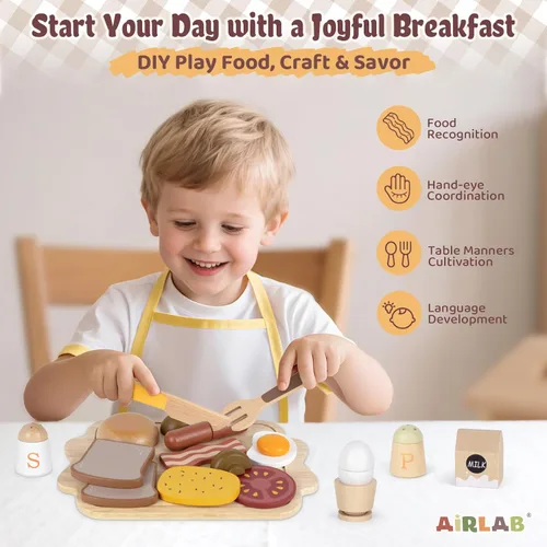 Miniatura 2 de Airlab Alimento de juguete de madera para niños pequeños 3-5 juegos de desayuno y juegos de comida de madera para hamburguesas