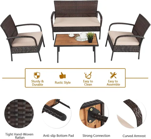 Miniatura 7 de COSTWAY Juego de muebles de ratán de patio de 4 piezas para conversación al aire libre, mesa de centro con cojines