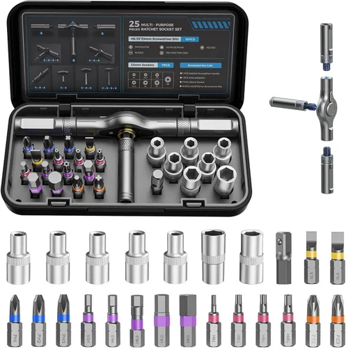 25 in 1 Magnetic Ratchet Screwdriver Set, S2 Steel Bits & 7 CR-V Sockets, Flexible Shaft, Magnetic Multi Bit Screwdriver Kit with Case for
