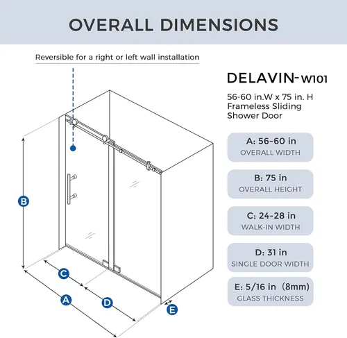 Miniatura 8 de DELAVIN Puerta de regadera sin marco de 56-60 pulgadas, puerta de regadera corredera para baño, vidrio templado transparente de 5/16 pulgadas (8mm)