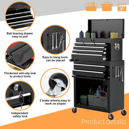 Miniatura 5 de Cofre de herramientas rodante de alta capacidad de 8 cajones, caja de herramientas de almacenamiento extraíble con ruedas y cajones, caja de Negro