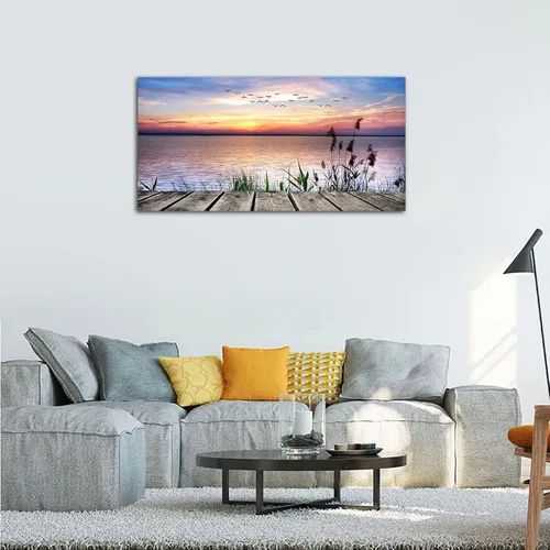 Miniatura 3 de Lienzo decorativo para pared, lago, muelle, puesta de sol, paisaje, pájaros voladores, playa, puesta de sol, paisaje, lienzo, obras de arte Sunset