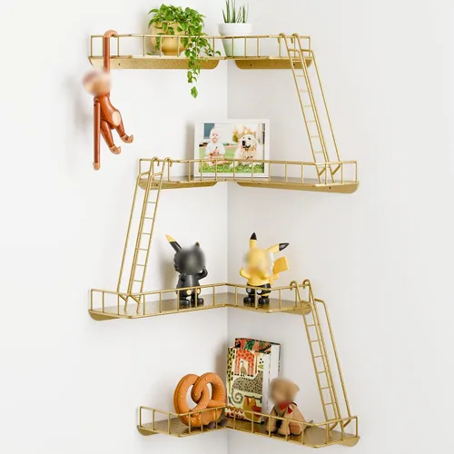 Miniatura 11 de Estante de pared Fire Escape – Estantes de pared esquineros de 4 niveles de estilo urbano moderno, estante de escalera de metal fácil de instalar