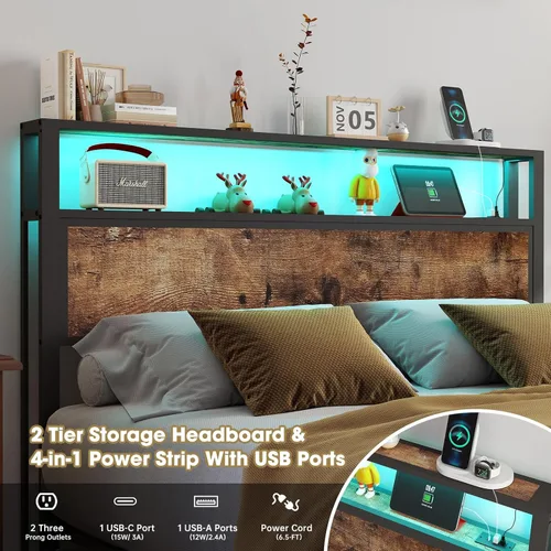 Miniatura 4 de Base de cama tamaño completo con cabecero, estructura de cama de plataforma metálica con luces LED y estación de carga, almacenamiento debajo
