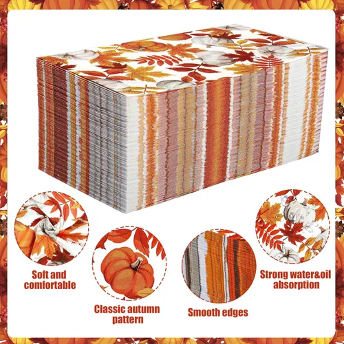Miniatura 3 de 120 servilletas de papel de otoño con hojas de arce y calabaza, servilletas decorativas de otoño, toallas de mano desechables para Acción