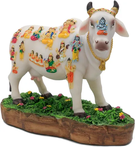 Miniatura 7 de Estatua de vaca de Dios indio que cumple con los deseos, 8.7 pulgadas de largo, figura de ídolo indio Kamadhenu, decoración para hombre indio