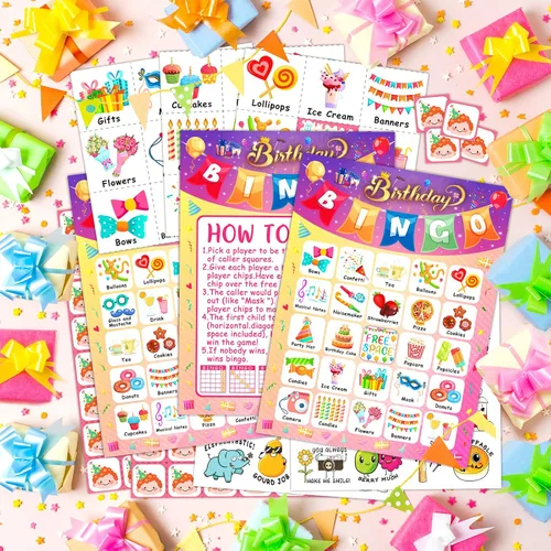 Miniatura 4 de YTSQLER Tarjetas de bingo de feliz cumpleaños, 24 jugadores, fiesta de cumpleaños, juego de bingo para niños, niñas y adultos, divertido juego