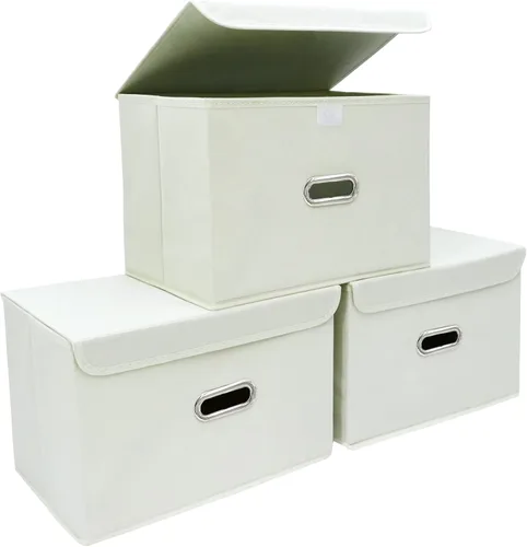Miniatura 28 de STOREONE Contenedores de Almacenamiento de Tela en Forma de Cubo Plegables, Organizador Contenedor Cesta Plegable con Tapas y Asas de Metal