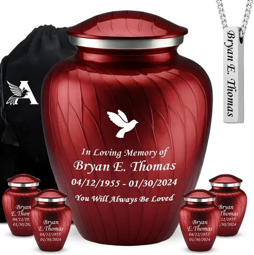 Miniatura 12 de Juego de 6 urnas funerarias decorativas negras y doradas personalizadas/grabadas para cenizas humanas, hombres y mujeres, con 1 urna grande