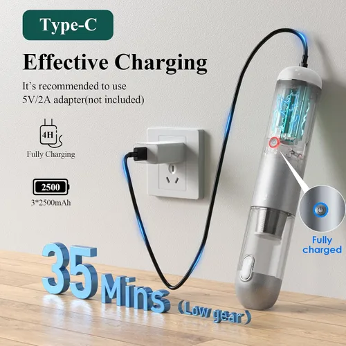 Miniatura 2 de Aspiradora de mano inalámbrica – 17000 Pa Aspiradora de coche de alta potencia con luz LED/SOS, 120 W Mini aspiradora recargable portátil