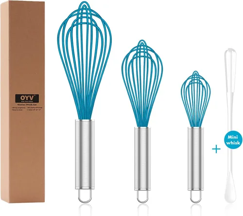 Miniatura 15 de OYV Batidor de silicona, paquete de 3 batidores profesionales para cocinar sin arañazos, acero inoxidable y silicona, batidor de goma de plástico