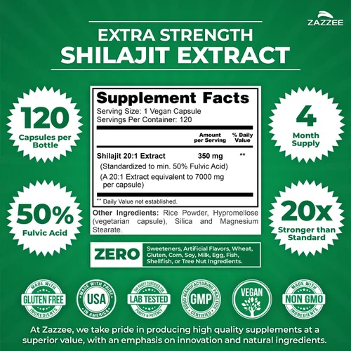 Miniatura 2 de Zazzee Extracto 20:1 de Shilajit del Himalaya 100% puro, 50% ácido fúlvico, 120 cápsulas veganas, suministro de 4 meses, rico en minerales traza
