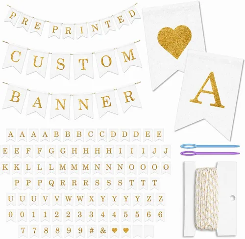 Miniatura 12 de Kit de pancartas personalizadas, 97 banderas de arpillera, letras y números preimpresos blancos, cuerda y aguja de 120 pies, pancarta personalizada