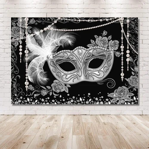 Miniatura 6 de MEHOFOND Telón de fondo para baile de máscaras negro plateado, para fotografía de fiesta de máscaras, fondo para Mardi Gras, carnaval, decoración