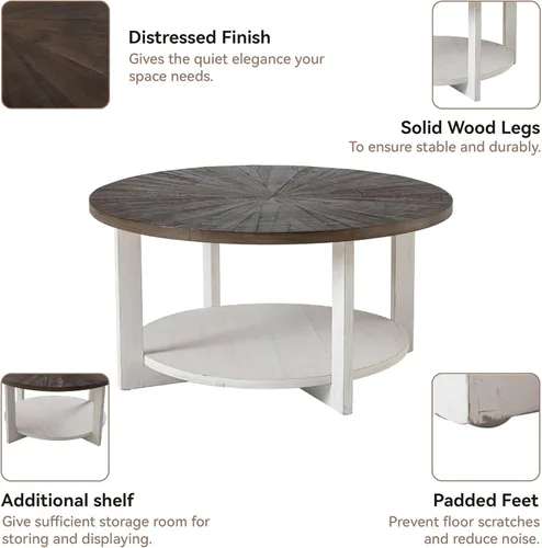 Miniatura 4 de Mesas de centro redondas de madera con almacenamiento, mesa de centro rústica con parte superior de madera envejecida, mesa circular grande