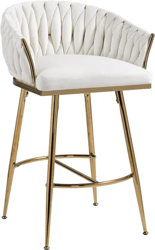 Miniatura 5 de Taburete de bar de 26 pulgadas de altura de mostrador, taburete de bar de terciopelo para isla de cocina, con respaldo ondulado, base cromada dorada