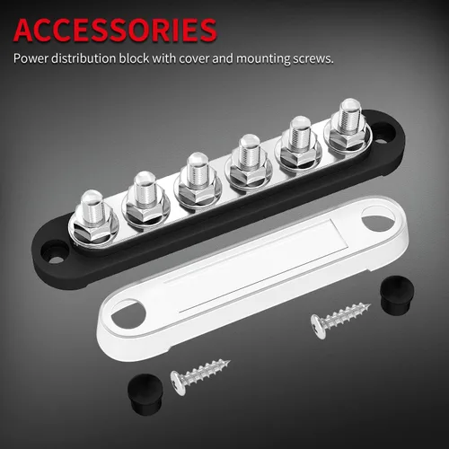 Miniatura 2 de DAIERTEK Barra colectora de 12 V, 6 x 5/16" (M8) terminales de perno, bloque de distribución de energía de 12 voltios con tapa, barra colectora