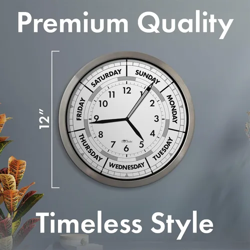 Miniatura 4 de Reloj de pared de hora y día de la semana con marco de aluminio moderno de 12 pulgadas, regalo de jubilación ideal para hombres y mujeres, reloj