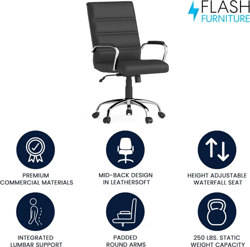 Miniatura 4 de Flash Furniture - Silla giratoria Whitney de respaldo medio con asiento acolchado y reposabrazos de LeatherSoft, silla de oficina ajustable en Negro
