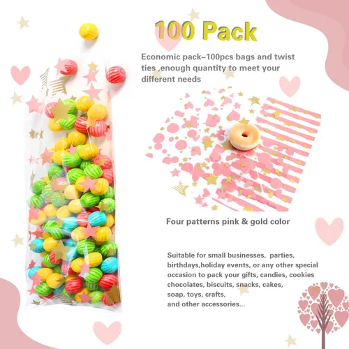 Miniatura 3 de COQOFA 100 bolsas de celofán de celofán de 5 x 11 pulgadas, bolsas de regalo de fiesta, bolsas de galletas de caramelo rosa, bolsas de plástico Oro