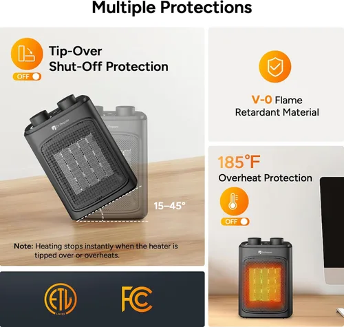 Miniatura 3 de DR.PREPARE Calentador de espacio pequeño de 1500 W para uso en interiores, calentador eléctrico de cerámica PTC portátil con termostato, protección