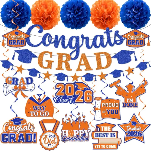 Miniatura 2 de Decoraciones de graduación 2026, pancarta de felicitaciones con purpurina, espirales colgantes y pompones de tela, decoraciones de graduación negras