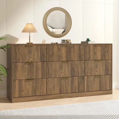 Miniatura 11 de Cómoda negra con 7 cajones, cómoda acanalada de 55 pulgadas de ancho para dormitorio con mango de metal, cómoda, soporte de TV de madera para Negro