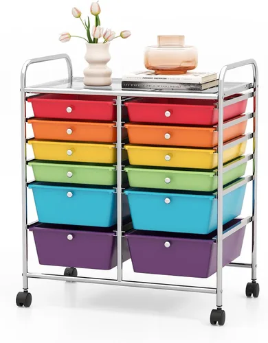 Miniatura 27 de COSTWAY Carrito de almacenamiento rodante con 4 cajones, carrito de almacenamiento de plástico y organizador con 4 cajones extraíbles, carrito
