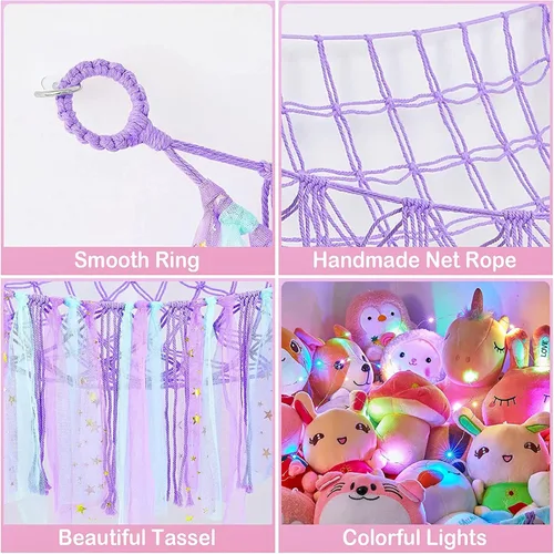 Miniatura 8 de Hamaca de almacenamiento de red de animales de peluche con luces LED, borlas coloridas, hamaca colgante de juguetes de peluche, organizador